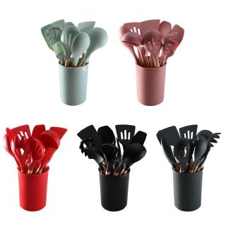 12Pcs/set Silicone Kitchen Utensils Non-stick Spatula Wooden Handle Cookware Set Heat Resistant Shovel Kitchen Cookware Baking Tools With Storage Box Green Pink Black Red Gray Tools