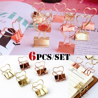 6Pcs Fashion Gold Rose Gold Clip Hollow Out Heart Shape Metal Paper Binder