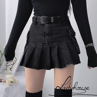 LD-Female Denim Skirt, Solid Color High Waist Ruffle Dress Pleated Skirt for Summer Autumn, Black, S/M/L
