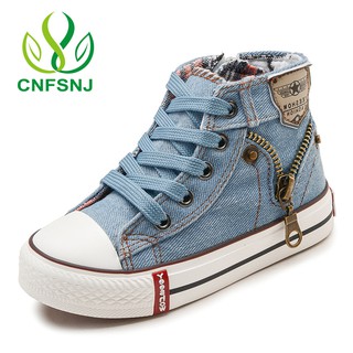 new Canvas zip kid Shoes Boys Sneakers Girls Jeans Denim Flat high help causal shoes 25-37 (1)