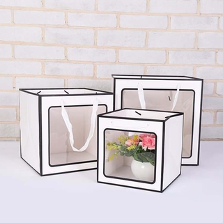 10PCS Square Bag with Window Flower Cake Packaging Bag Front Transparent Tote Bag Paper Bag Birthday Gift Party Gift Bag