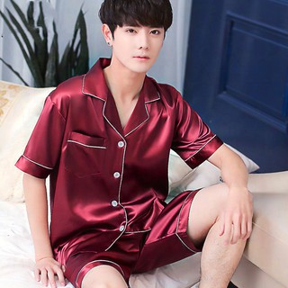 Men Ice Silk Satin Pajamas short sleeves Set Pyjama Sleepwear PJS Loungewear Homewear