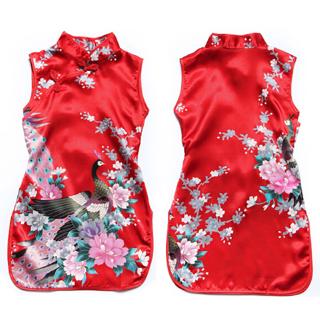 FANG*Fashion Baby Girl Red Silk Peacock Clothes Chinese Cheongsam