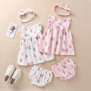 WOW😍 Newborn Baby Girls Clothes Sleeveless Dress+Briefs+Bow Headband 3PCS Outfits Cherry Printed Clothing Sets Sunsuit 0-24M