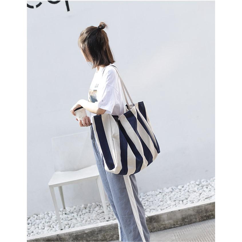 New Arrival Trendy Korean Pop Large Canvas Women's Bag Retro Stripe Tote