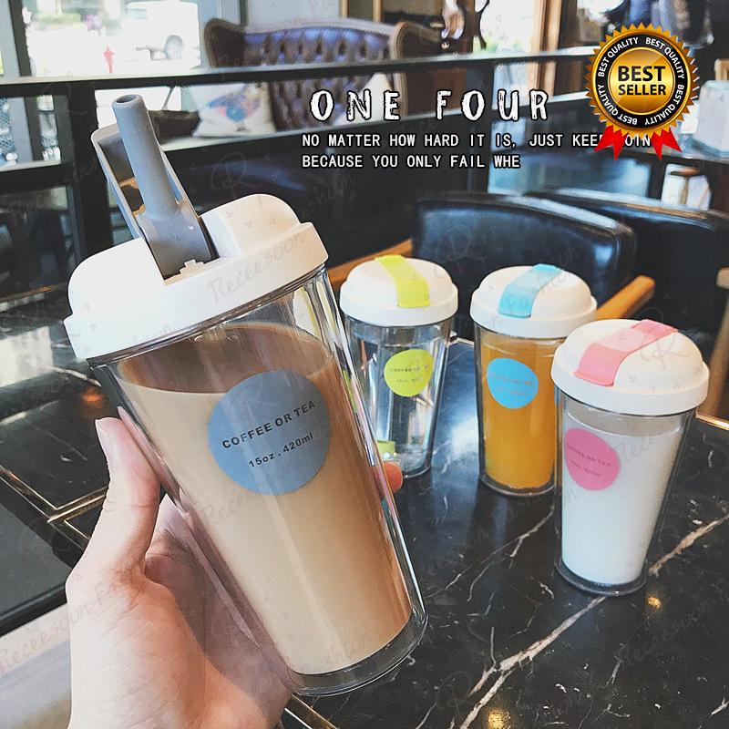 420ml Straws Water Bottle Drinking Bottles Drinkware Cup With Lid Folding Straw