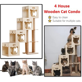 [SG SELLER] Cat 4 House Wooden Cat Scratching Post Sisal Cat Pole Cat Tree Cat House Condo Accessories