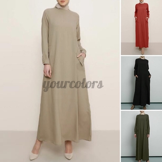 Women Full Sleeve O-Neck Solid Color Pockets Buttons Robe Muslim Dress