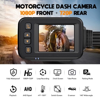 [Ready Stock]Motorcycle Camera Dash Cam, 2Inch IPS Screen 1080P+720P Dual AHD Bike Dashcam G-Sensor Parking e Driving Recorder Black