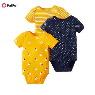 PatPat 100% Cotton 3-pack Bright Daisy Bodysuits for Baby Boy Short-Sleeve Rompers-Z