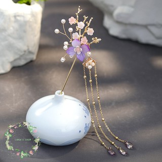 ☆LUNA☆ Handmade Vintage Style Imitation Jade Flower Pearl Tassel Han Chinese Clothing Hair Sticks Elegant Hair Ornaments