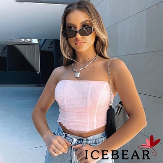 ICE-Women´s Sexy Strapless Tube Top Fashion Sleeveless Halter Solid Color Mesh Crop Top