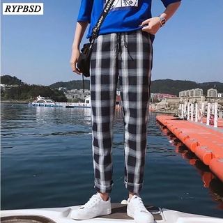 Men Jogger Plaid Pants Classic Straight Drawstring Korean Streetwear Loose Hip Hop Casual Sweatpants Trousers (1)