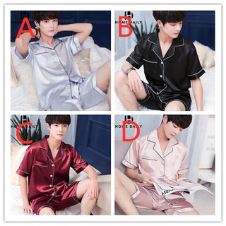 Male Sleepwear and Pajamas Nightgown Ice Silk Shorts Rayon Silk Summer Set Soft Nightgown Pyjamas for Men's Nightwear Clothing
