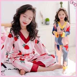 Children's Pajamas Set Summer Girls Long Sleeve Ice Silk Pyjamas Casual Homewear Sleepwear Nightwear