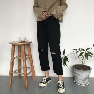 INFINITE Loose Style Black Women's Ripped Jeans Korean Style Fashion New Ankle-length Pants