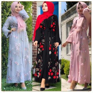 Women's Muslim Jubah Flower Long Dress Muslimah Robe Maxi Dresses