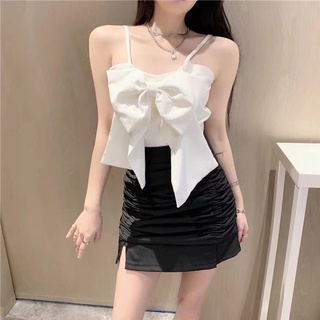 Readystock Women Solid Color Bow Top Sexy Sling Ice Silk Threaded Short Top