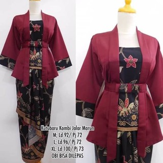 Modern Kutubaru Combi Javanese Blouse Suit, Elnira Graduation Javanese Blouse Set Maroon And Other Wrap Batik Skirt