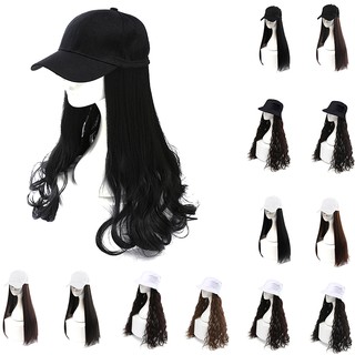 Women 60cm Long Curly/Straight Wig Hat Micro Roll Big Wave Wig Baseball Cap Cosplay Supplies