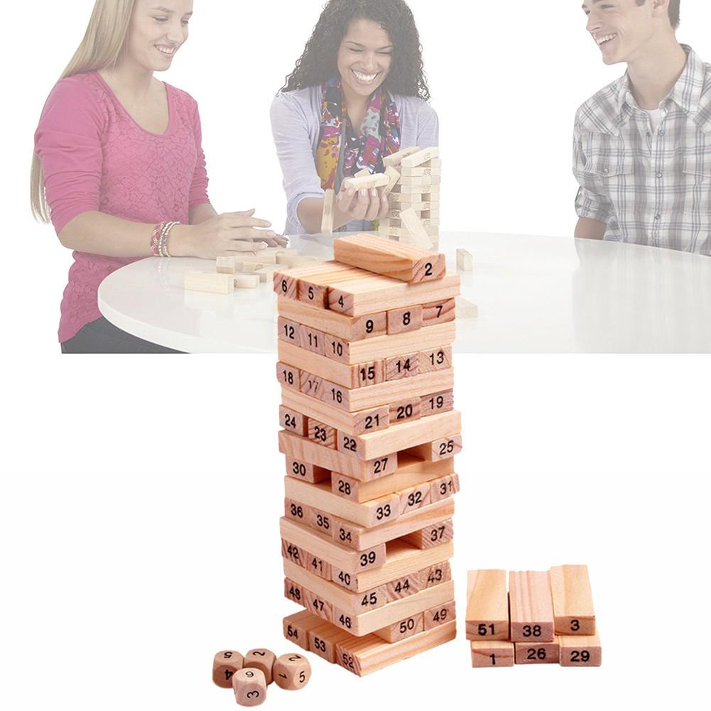 54Pcs Wooden Tower Hardwood Building Blocks Toy Domino Jenga Game Toys
