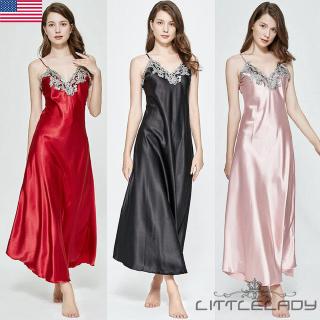 ☛☏❤Women Sexy Silk Night Gown Nightdress V-neck Long Night Gown Sleepwear