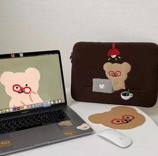 Korea Super Popular Teteum Girl Heart Glasses Bear Embroidery ins Style Laptop Storage Bag Cute Cartoon ipad Tablet 13.3 Inch Liner 15.6