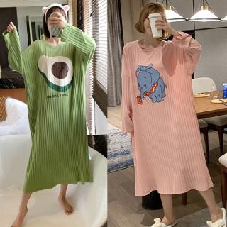 pyjamas nightdress female spring and autumn cotton long-sleeved Korean cute sweet loose plus size dress mid-length ladie