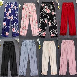 Women Silk Pajamas Ankle Length Pants Floral Print Sleepwear Ladies Clothes Nightwear Homewear