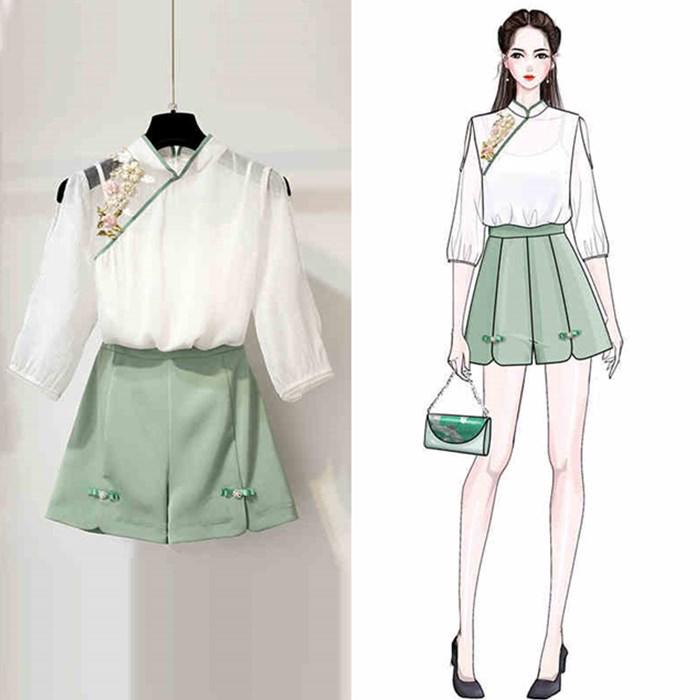 Women's hanfu modified Chinese style two - piece suit tang suit ancient style T - shirt + shorts