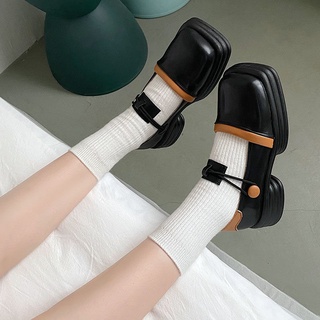 Retro ShoesjkAll-Match Loafers Square Toe English Style Small New2021Women's Thick Bottom Chunky Heel Leather Shoes Mary Jane Shoes