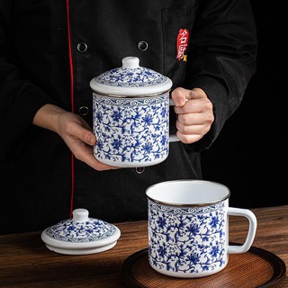 ✌Thick old-fashioned blue and white enamel mug large capacity tea cup retro nostalgic tea mug drinking cup herbal tea wa