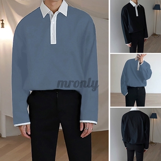 MR Men Casual Fashion Contrast Color Long Sleeve Plain Lapel Korean Style Shirt