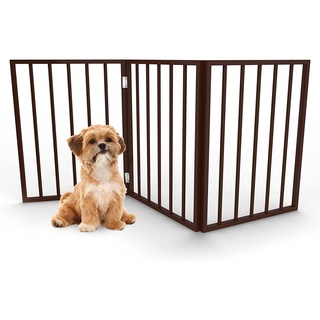 Foldable, Free-Standing Wooden Pet Gate- Light Weight, Indoor Barrier for Small Dogs/Cats, Dark Brown, Step Over Doorway