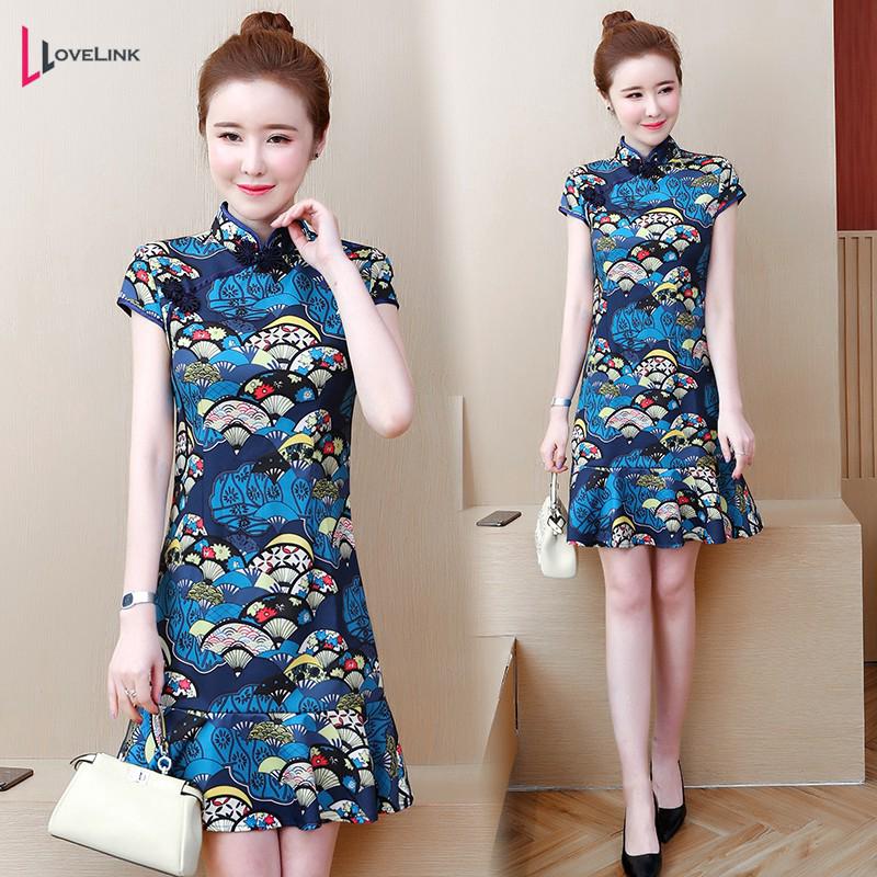 L-5XL Elegant Women Fashion Vintage Wrap Fishtail Printed Party Dinner Midi Dress Qipao Cheongsam Plus Size