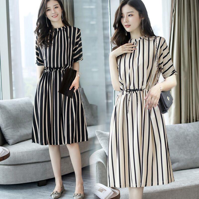 There is no pocket Large women's show thin skirt vertical stripe five sleeve slim women's dress