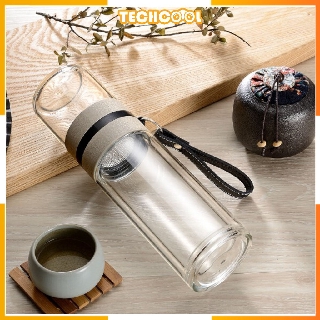Tea Water Separation Double Layer Glass Tea Bottle Portable with Removable caps and thickening glass bottom