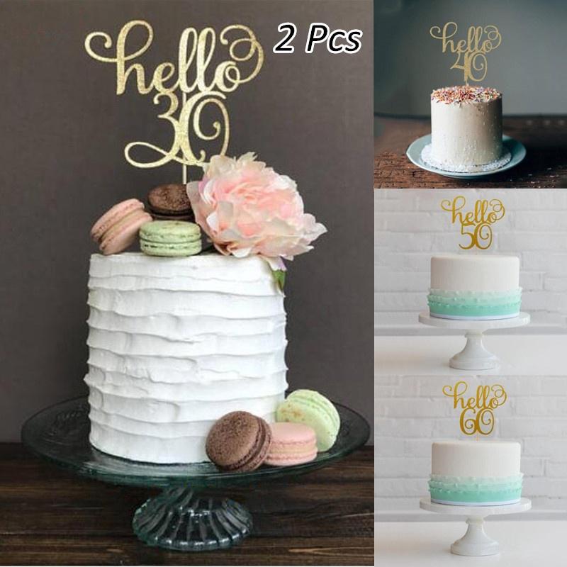2 Pcs Gold Glitter Hello 30/40/50/60th Cake Anniversary Party Cupcake Toppers Supplies Birthday Party Decoration