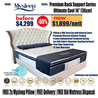 Mysleep Ultimate Cool 14" inch (36cm) Pillow W Euro-Top Natural Latex Imported Ice Silk Fabric Pocketed Spring Mattress