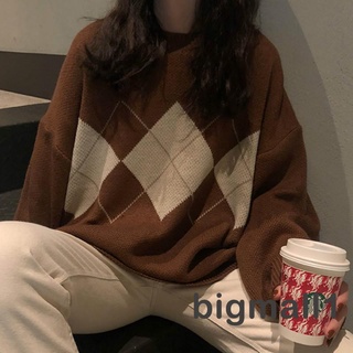 BIGMALL-Women Crew Neck Oversized Sweaters, Casual Long Sleeve Argyle Print Knit Pullovers