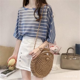 【40-150kg/3Colors/Actual Photo】 Oversized Korean Simple Style Women Plus Size Striped T-shirt Large Round Neck 3/4 Short Sleeves BIg Loose Tee Summer Maternity Pregnancy T-shirt Casual Top 100% Soft Cotton Fashion Fat Size T-shirt Pajamas