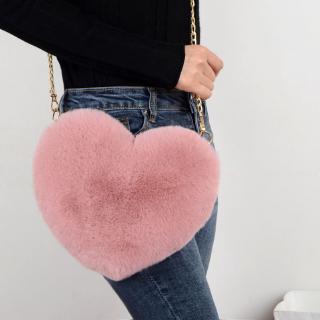 BST❀ Women's Heart Shaped Faux Fur Crossbody Wallet Purse Chain Shoulder Bag