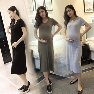 Korean Maternity Dress Summer Women V-Neck Short Sleeves Solid Pregnant Dress