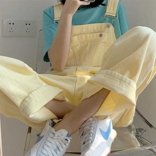 ♛✘™Large size cream yellow denim overalls women s thin super hot summer fat sister mm loose and thin wide-leg jumpsuit