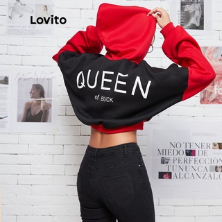 Lovito Casual Colorblock Letter Print Hoodie Cropped Top L08176 (Black)