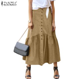 ZANZEA Women Loose Elastic Waist Button Solid Color Maxi Skirts