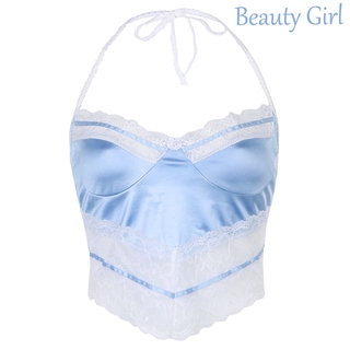 BeautyGirls♦Lace Satin Fashion Sexy Y2K Crop Tops Women Blue 2020 New Patchwork Sleeveless Camis Tops Tees V Neck Tops Vest Streetwear