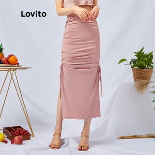 Lovito Plain Romantic Drawstring Split Skirts L11008 (Pink )