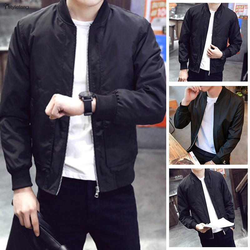 Men's Casual Black Thin Slim Fit Stand Collar Long Sleeve Zipper Jacket Coat Top