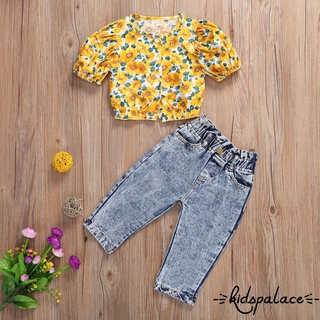 ➤♕❀❤2Pcs Baby Girl Summer Yellow Floral Printed O-Neck Short Puff-Sleeves Top + Elastic-Waist Jeans